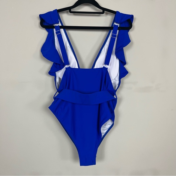 ONE PIECE SWIMSUIT PLUNGE V RUFFLE NECKLINE WITH BELT COBALT BLUE SIZE XL - Picture 9 of 15